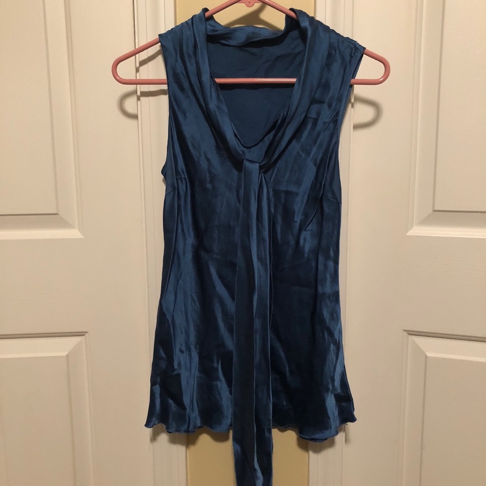 Anne Klein blue silk tank top with tie at neck